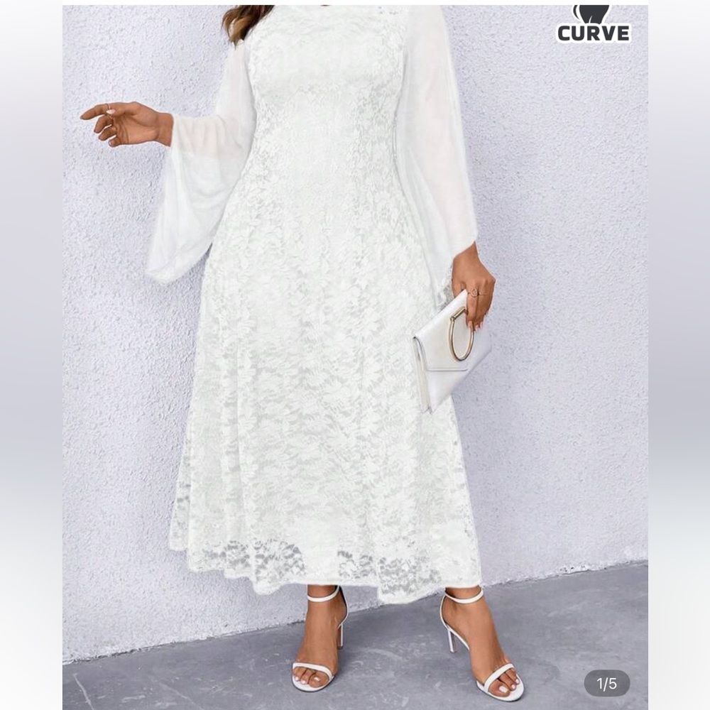 Elegant White Lace Maxi Dress with Sheer Sleeves - Picture 2 of 11